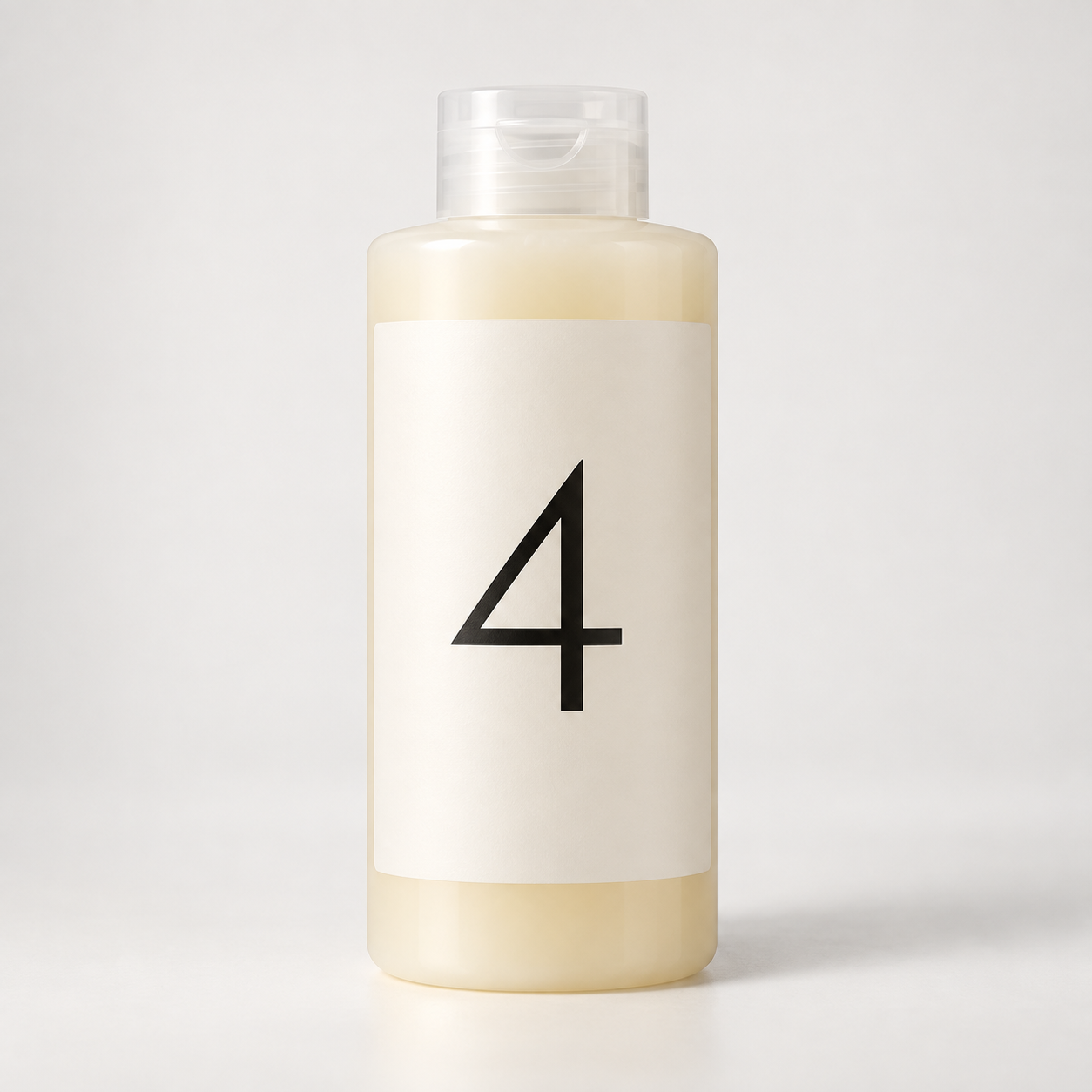AI-generated illustration for OLAPLEX Nº.4 shampoo: one pale bottle with a large numeral 4; not official packaging.