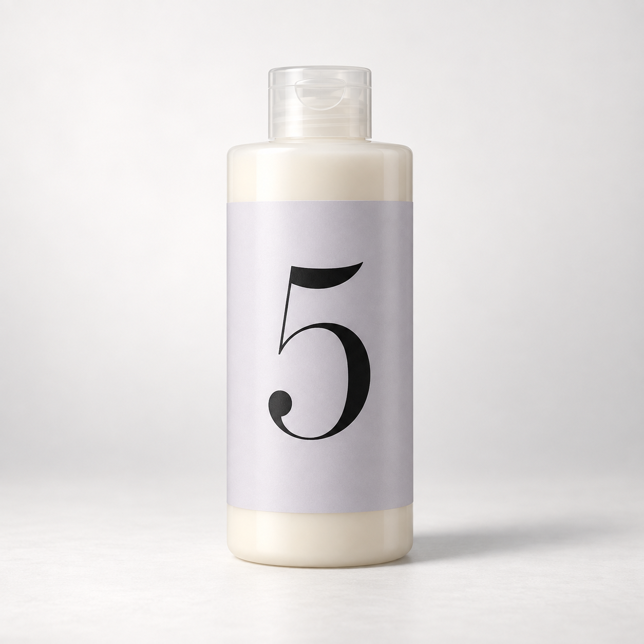 AI-generated illustration for OLAPLEX Nº.5 conditioner: one pale bottle with a large numeral 5; not official packaging.